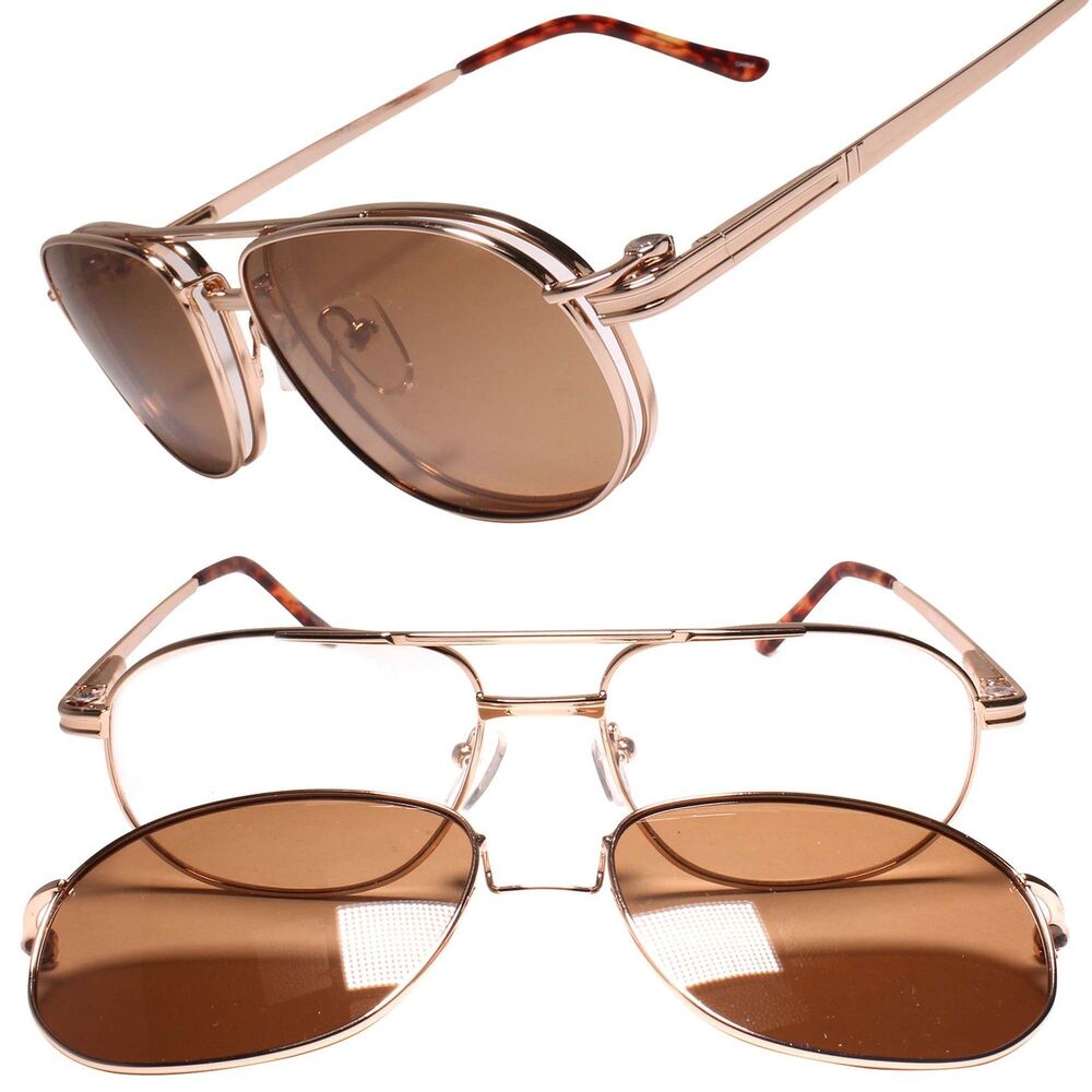 Rx Optical Frames W/ Magnetic Clip on Lens Gold Rectangle Square Sunglasses